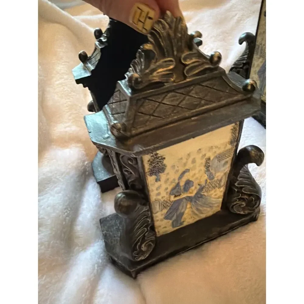 Ornate Victorian Style Desk Set 3pc Decor Courting Couple Relief Bookends Box